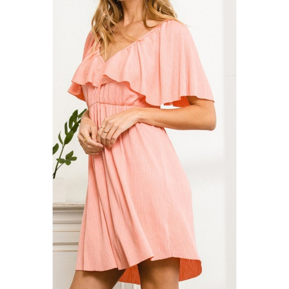 Flowy boho salmon flutter sleeve draped ruffle empire waist mini dress